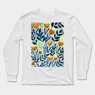 Watercolor flower garden -  yellow and blue Long Sleeve T-Shirt